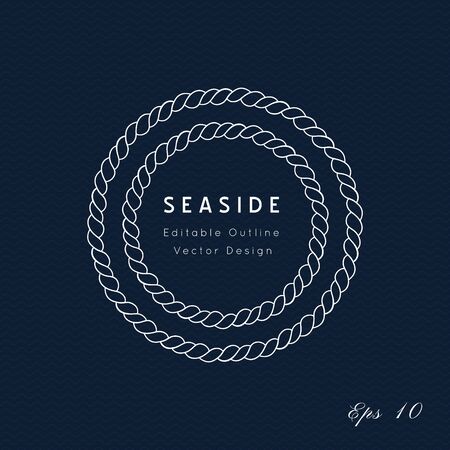 Nautical rope geometric vector frame.Sea and ocean symbol white on navy blue.Template for logo or branding.Sailor wedding, cruise, yacht club, business identity, menu, card design.のイラスト素材
