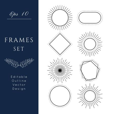 Geometric frames set.Editable line vector.Abstract black isolated elements on white background.Templates collection for logo or branding.Overlay for wedding invitation, business identity, menu,card.のイラスト素材