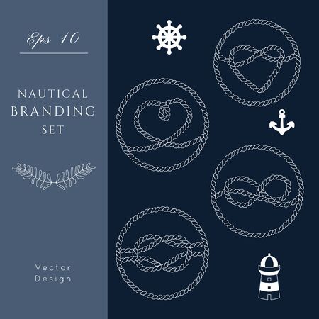 Nautical Wedding Rope Heart vector templates set.Tie the knot theme.Invitation in Classic vintage style.Elegant sea invite card overlay in white and navy blue colors.のイラスト素材