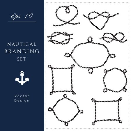 Nautical icons and frames set.Rope texture vector.Sea and ocean symbols bundle, black isolated elements.Template for logo or branding.Sailor cruise, yacht club, business identity, menu, card design.のイラスト素材