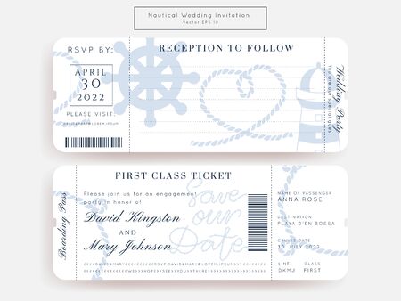 Nautical Wedding Invitation Vector Set.Boat Boarding Pass ticket template.Sailor theme in Classic vintage style.Elegant sea invite card overlay in white and navy blue colors. Modern luxury design.のイラスト素材