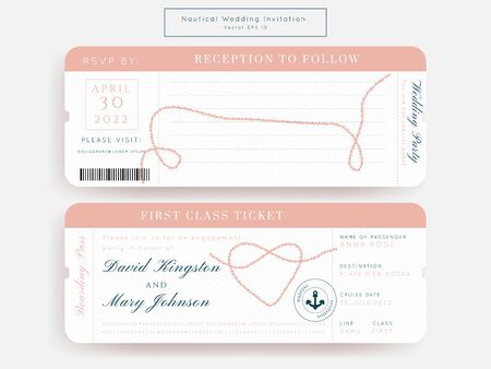 Nautical Wedding Invitation Vector Set.Boat Boarding Pass ticket template.Sailor theme in Classic vintage style.Elegant sea invite card overlay in white and navy blue colors. Modern luxury design.のイラスト素材