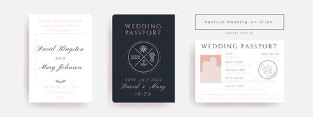 Nautical Wedding Invitation Vector Set.Boat Boarding Pass ticket template.Sailor theme in Classic vintage style.Elegant sea invite card overlay in white and navy blue colors. Modern luxury design.のイラスト素材