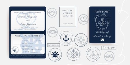 Nautical Wedding Invitation Vector Set.Boat Boarding Pass ticket template.Sailor theme in Classic vintage style.Elegant sea invite card overlay in white and navy blue colors. Modern luxury design.のイラスト素材
