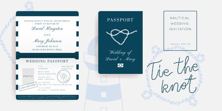 Nautical Wedding Invitation Vector Set.Boat Boarding Pass ticket template.Sailor theme in Classic...