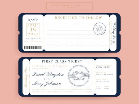 Nautical Wedding Invitation Vector Set.Boat Boarding Pass ticket template.Sailor theme in Classic vintage style.Elegant sea invite card overlay in white and navy blue colors. Modern luxury design.のイラスト素材