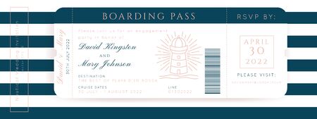 Nautical Wedding Invitation Vector Set.Boat Boarding Pass ticket template.Sailor theme in Classic vintage style.Elegant sea invite card overlay in white and navy blue colors. Modern luxury design.のイラスト素材