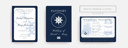 Nautical Wedding Invitation Vector Set.Boat Boarding Pass ticket template.Sailor theme in Classic vintage style.Elegant sea invite card overlay in white and navy blue colors. Modern luxury design.のイラスト素材