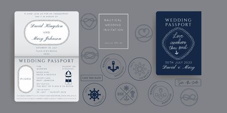 Nautical Wedding Invitation Vector Set.Boat Boarding Pass ticket template.Sailor theme in Classic vintage style.Elegant sea invite card overlay in white and navy blue colors. Modern luxury design.のイラスト素材