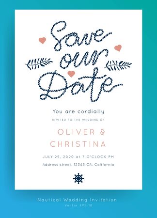 Nautical Wedding vector template.Boat sailor theme.Invitation in Classic vintage style.Elegant sea invite card overlay in white and navy blue colors.のイラスト素材