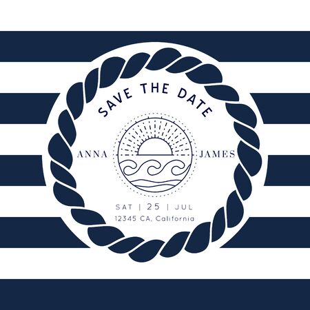 Nautical Wedding Invitation vector template.Boat sailor theme.Classic marine stripes vintage style.Elegant sea invite card overlay in white and navy blue colors.のイラスト素材