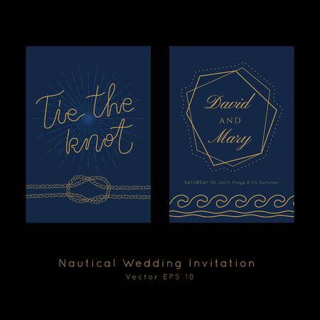 Nautical Wedding vector template.Boat sailor theme.Invitation in Classic vintage style.Elegant sea invite card overlay in gold and navy blue colors.のイラスト素材