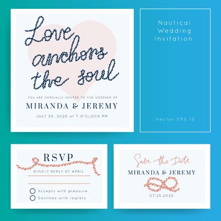 Nautical Wedding vector template.Boat sailor theme.Invitation in Classic vintage style.Elegant sea invite card overlay in white and navy blue colors.のイラスト素材