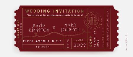 Nautical Wedding Invitation Vector  Boarding Pass ticket template.Sailor Boat theme in Classic vintage style.Elegant sea invite card overlay in gold and burgundy red colors. Modern luxury design.のイラスト素材