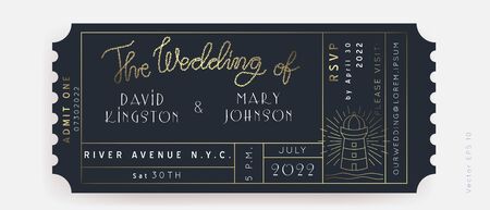 Nautical Wedding Invitation Vector  Boarding Pass ticket template.Sailor Boat theme in Classic vintage style.Elegant sea invite card overlay in gold and navy blue colors. Modern luxury design.のイラスト素材