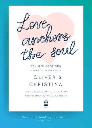 Nautical Wedding vector template.Boat sailor theme.Invitation in Classic vintage style.Elegant sea invite card overlay in white and navy blue colors.のイラスト素材