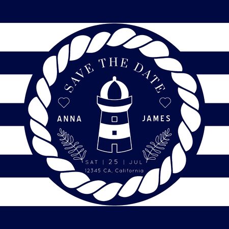 Nautical Wedding Invitation vector template.Boat sailor theme.Classic marine stripes vintage style.Elegant sea invite card overlay in white and navy blue colors.のイラスト素材