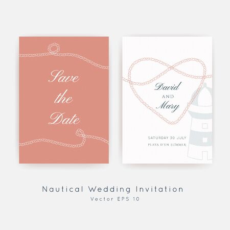 Nautical Wedding vector template.Boat sailor theme.Invitation in Classic vintage style.Elegant sea invite card overlay in white, coral and navy blue colors.のイラスト素材