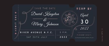 Nautical Wedding Invitation Vector  Boarding Pass ticket template.Sailor Boat theme in Classic vintage style.Elegant sea invite card overlay in gold and navy blue colors. Modern luxury design.のイラスト素材