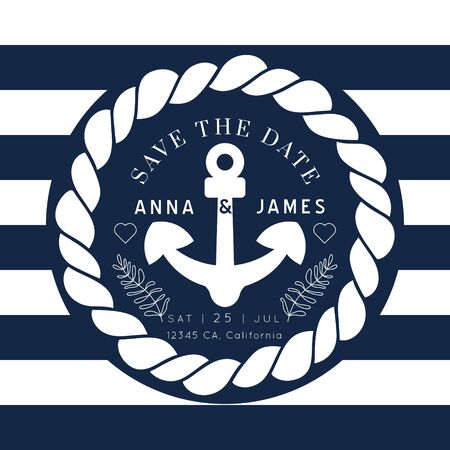 Nautical Wedding Invitation vector template.Boat sailor theme.Classic marine stripes vintage style.Elegant sea invite card overlay in white and navy blue colors.のイラスト素材