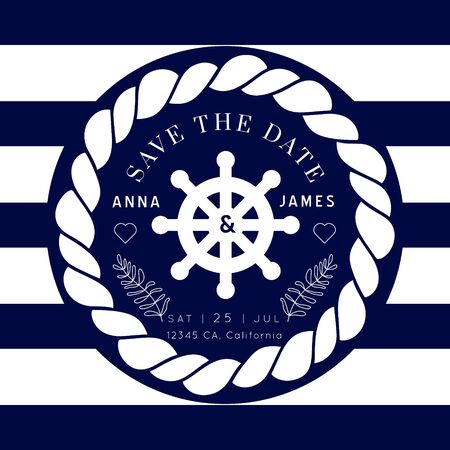Nautical Wedding Invitation vector template.Boat sailor theme.Classic marine stripes vintage style.Elegant sea invite card overlay in white and navy blue colors.のイラスト素材