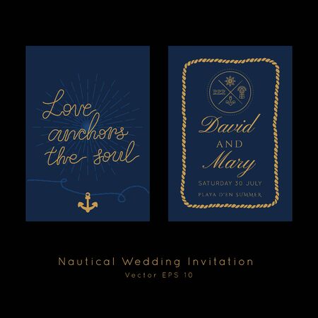 Nautical Wedding vector template.Boat sailor theme.Invitation in Classic vintage style.Elegant sea invite card overlay in gold and navy blue colors.のイラスト素材
