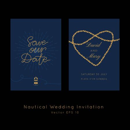 Nautical Wedding vector template.Boat sailor theme.Invitation in Classic vintage style.Elegant sea invite card overlay in gold and navy blue colors.のイラスト素材