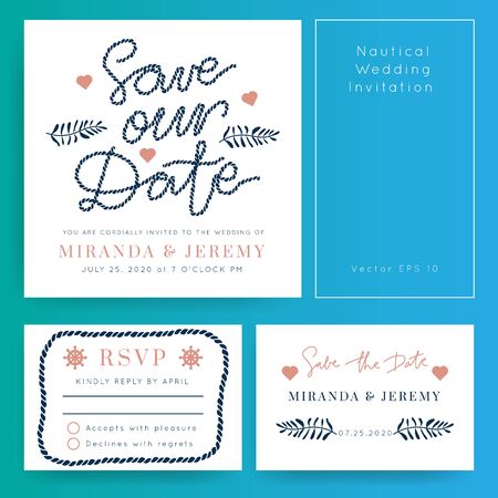Nautical Wedding vector template.Boat sailor theme.Invitation in Classic vintage style.Elegant sea invite card overlay in white and navy blue colors.のイラスト素材