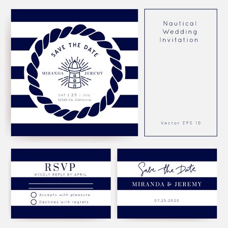 Nautical Wedding Invitation vector template.Boat sailor theme.Classic marine stripes vintage style.Elegant sea invite card overlay in white and navy blue colors.のイラスト素材