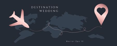 Destination Wedding  Invitation.Modern luxury vector design template.Airplane trip to wedding party.Hert shape pin.のイラスト素材