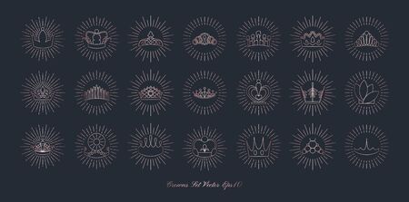 Glitter gold foil crowns set.Vector isolated icon.Glamour luxury design for selfie or video chat filter.Glow light confetti, bright sequins, sparkle tinsel, abstract bling, shimmer dust.のイラスト素材