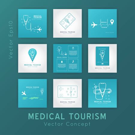 Medical Tourism set of vector concepts. Flat design modern template. Medicine service abroad background overlay.Poster with illustration of stethoscope,world map, airplane, passport.のイラスト素材
