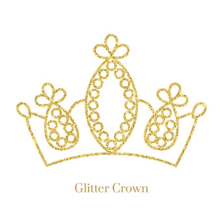 Glitter gold foil crown.Vector isolated icon.Glamour luxury design for selfie or video chat filter.Glow light confetti, bright sequins, sparkle tinsel, abstract bling, shimmer dust.のイラスト素材
