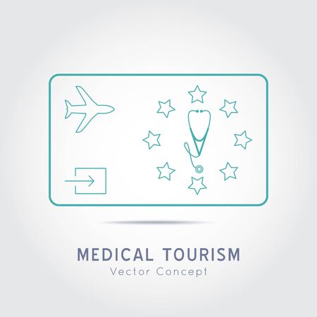 Medical Tourism vector concept. Flat design modern template.Medicine service  stamp overlay.Poster with illustration of stethoscope,world map, airplane, passport.のイラスト素材