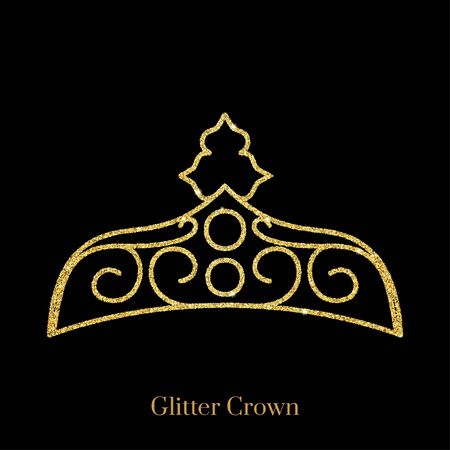 Glitter gold foil crown.Vector isolated icon.Glamour luxury design for selfie or video chat filter.Glow light confetti, bright sequins, sparkle tinsel, abstract bling, shimmer dust.のイラスト素材