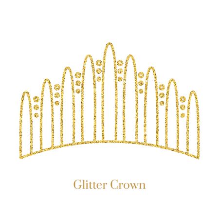 Glitter gold foil crown.Vector isolated icon.Glamour luxury design for selfie or video chat filter.Glow light confetti, bright sequins, sparkle tinsel, abstract bling, shimmer dust.のイラスト素材