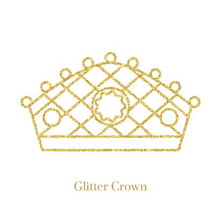 Glitter gold foil crown.Vector isolated icon.Glamour luxury design for selfie or video chat filter.Glow light confetti, bright sequins, sparkle tinsel, abstract bling, shimmer dust.のイラスト素材