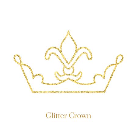 Glitter gold foil crown.Vector isolated icon.Glamour luxury design for selfie or video chat filter.Glow light confetti, bright sequins, sparkle tinsel, abstract bling, shimmer dust.のイラスト素材
