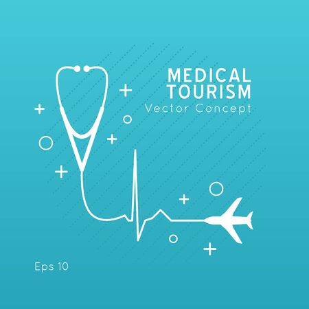 Medical Tourism vector concept. Flat design modern template. Medicine service abroad background overlay.Poster with illustration of stethoscope,world map, airplane, passport.のイラスト素材