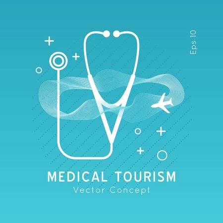 Medical Tourism vector concept. Flat design modern template. Medicine service abroad background overlay.Poster with illustration of stethoscope,world map, airplane, passport.のイラスト素材