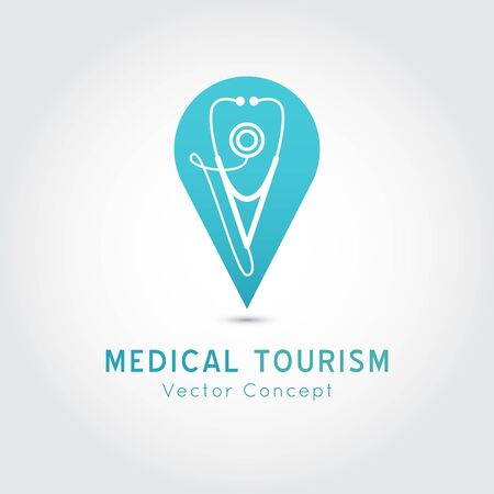 Medical Tourism vector concept. Flat design modern template. Medicine symbol pin.Poster with illustration of stethoscope,world map, airplane, passport.のイラスト素材