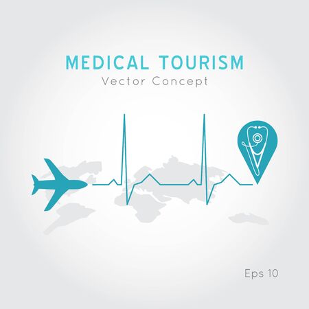 Medical Tourism vector concept. Flat design modern template. Medicine service abroad background overlay.Poster with illustration of stethoscope,world map, airplane, passport.のイラスト素材