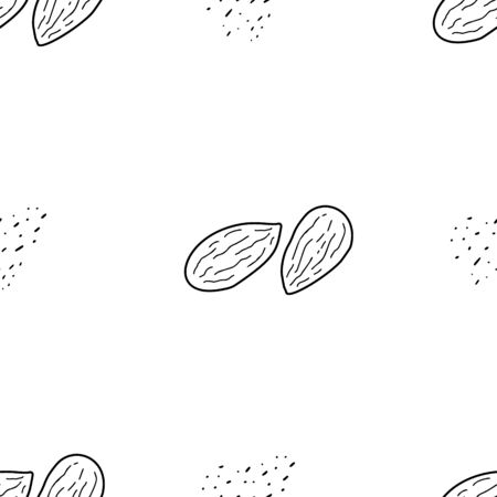 Almond hand drawn vector seamless pattern. Outline monochrome texture made in doodle style.Fruit background for package, merch, wallpaper, menu and other design.のイラスト素材