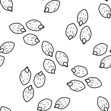Pumpkin seeds hand drawn vector seamless pattern. Outline monochrome texture made in doodle style.Fruit background for package, merch, wallpaper, menu and other design.のイラスト素材