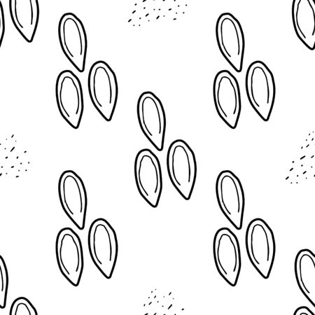 Linen seeds hand drawn vector seamless pattern. Outline monochrome texture made in doodle style.Fruit background for package, merch, wallpaper, menu and other design.のイラスト素材