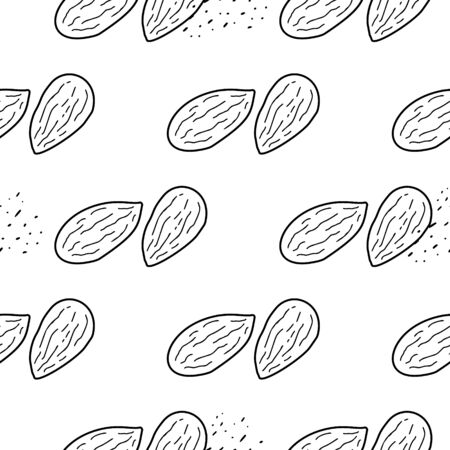 Almond nut hand drawn vector seamless pattern. Outline monochrome texture made in doodle style.Fruit background for package, merch, wallpaper, menu and other design.のイラスト素材