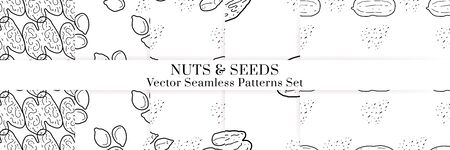Nuts and seeds hand drawn vector seamless patterns set. Outline monochrome texture made in doodle style.Fruit background for package, merch, wallpaper, menu.のイラスト素材