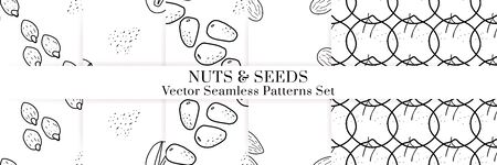 Nuts and seeds hand drawn vector seamless patterns set. Outline monochrome texture made in doodle style.Fruit background for package, merch, wallpaper, menu.のイラスト素材