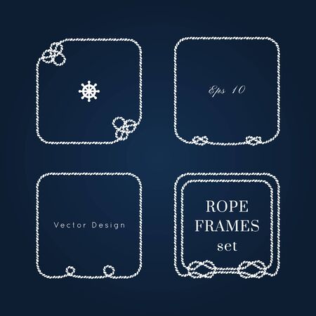 Rope knot border vector designs set. Isolated Marine frame in blue and white colors. Hand drawn ornaments in nautical style. Good for poster, t-shirt, card, menu, business identity, wedding invite.のイラスト素材