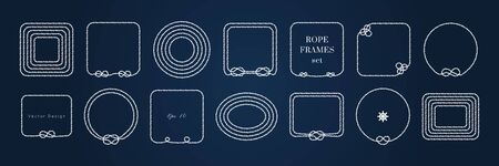 Rope knot border vector designs set. Isolated Marine frame in blue and white colors. Hand drawn ornaments in nautical style. Good for poster, t-shirt, card, menu, business identity, wedding invite.のイラスト素材